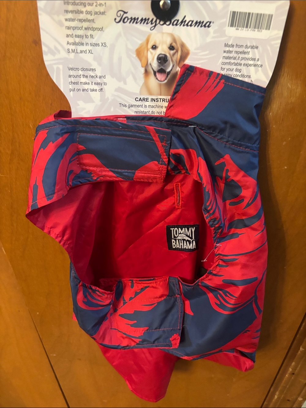 Tommy Bahama Navy and Red Reversible Pet Jacket with Leaf Print